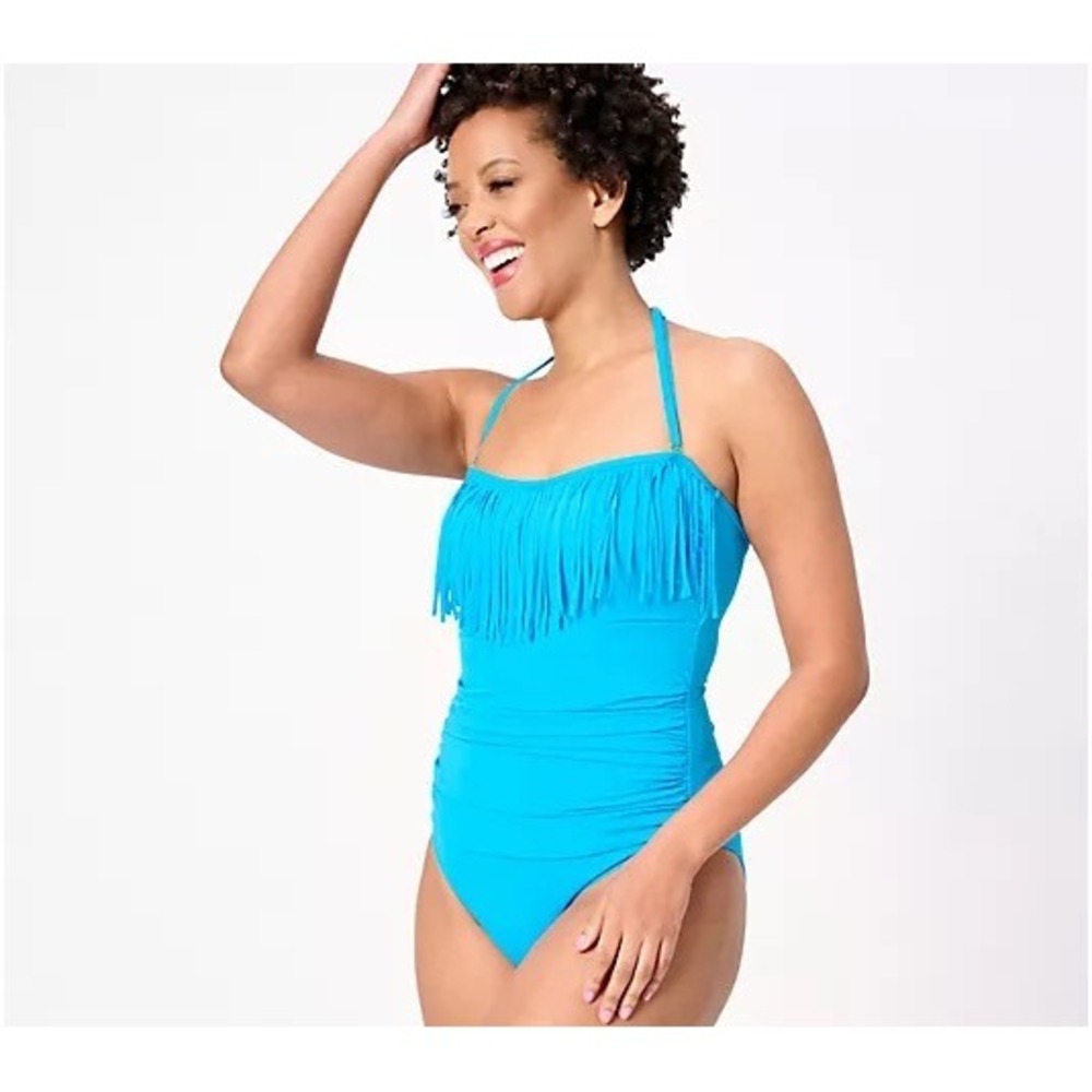 Kim Gravel x Swimsuits For‎ All Blue Fringe Ruched One Piece Swimsuit 24W NEW